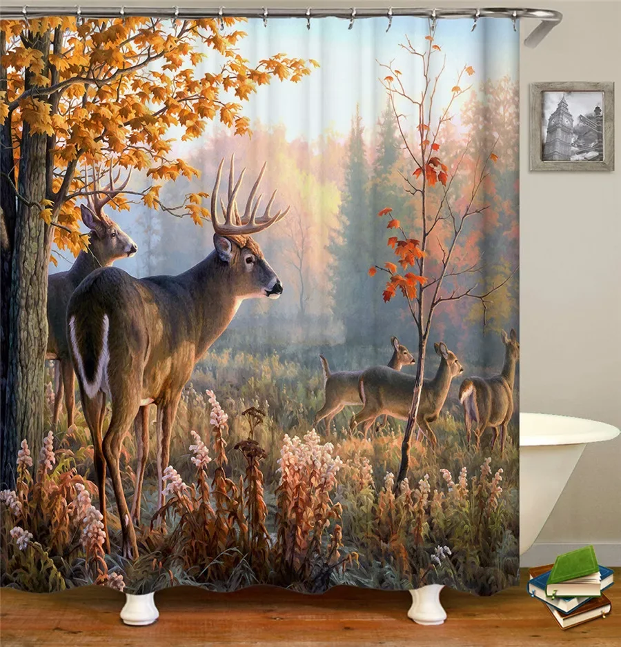 Green Forest Trees Scenery Bath Curtain Shower Curtains Bathroom Waterproof Polyester Fabric 3d Printed Bath Screen 12 Hooks Mat