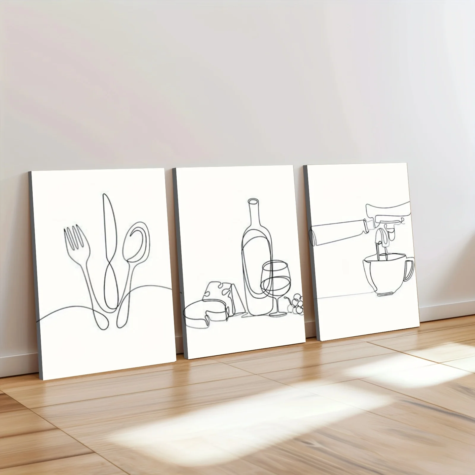 2D Flat, 2D plane 3pcs inset wood canvas paintings Kitchen wall art, cartoon line drawing, simple canvas posterhome decor