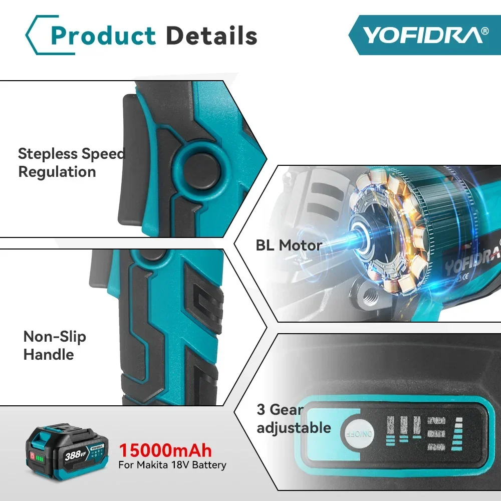 Yofidra 125mm Brushless Angle Grinder 3Gear Efficient Cordless Metal Wood Grinding Polishing Cutting Tool For Makita 18V Battery