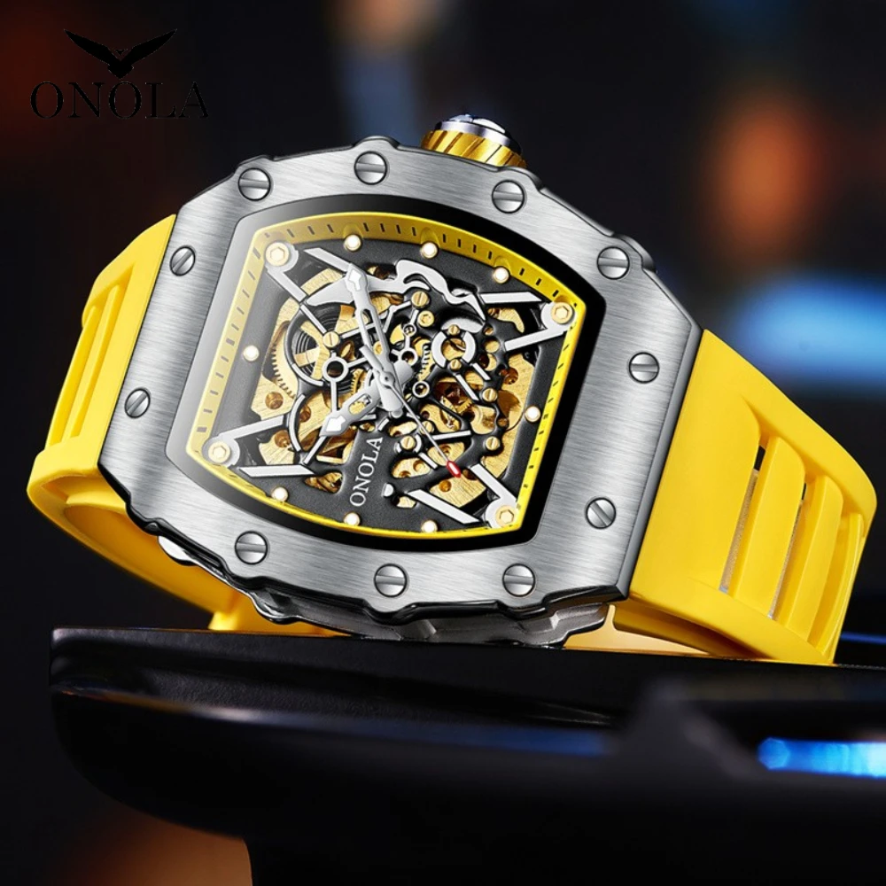ONOLA Business Skeleton Automatic Mechanical Watch Men\'s Silicone Band Sports Waterproof Male Boy Gift Clock Relogio Masculino