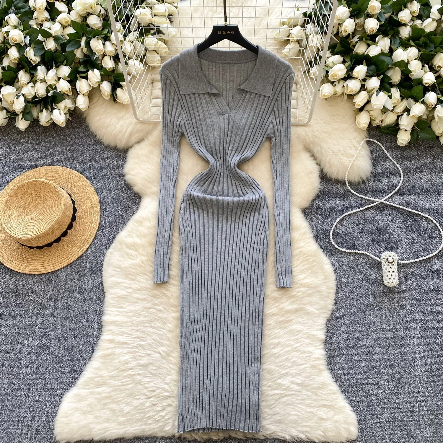 Vintage Turn-down Collar Basics Long Sleeve Chic Knit Slim Pencil Dresses French Office Women High Street Autumn Winter Clothing