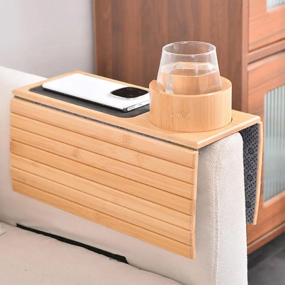 

Bamboo Sofa Armrest Tray with Cup Holder Anti-Slip Sofa Organizer Tray Foldable Sofa Caddy Table for Drinks Phone Remote