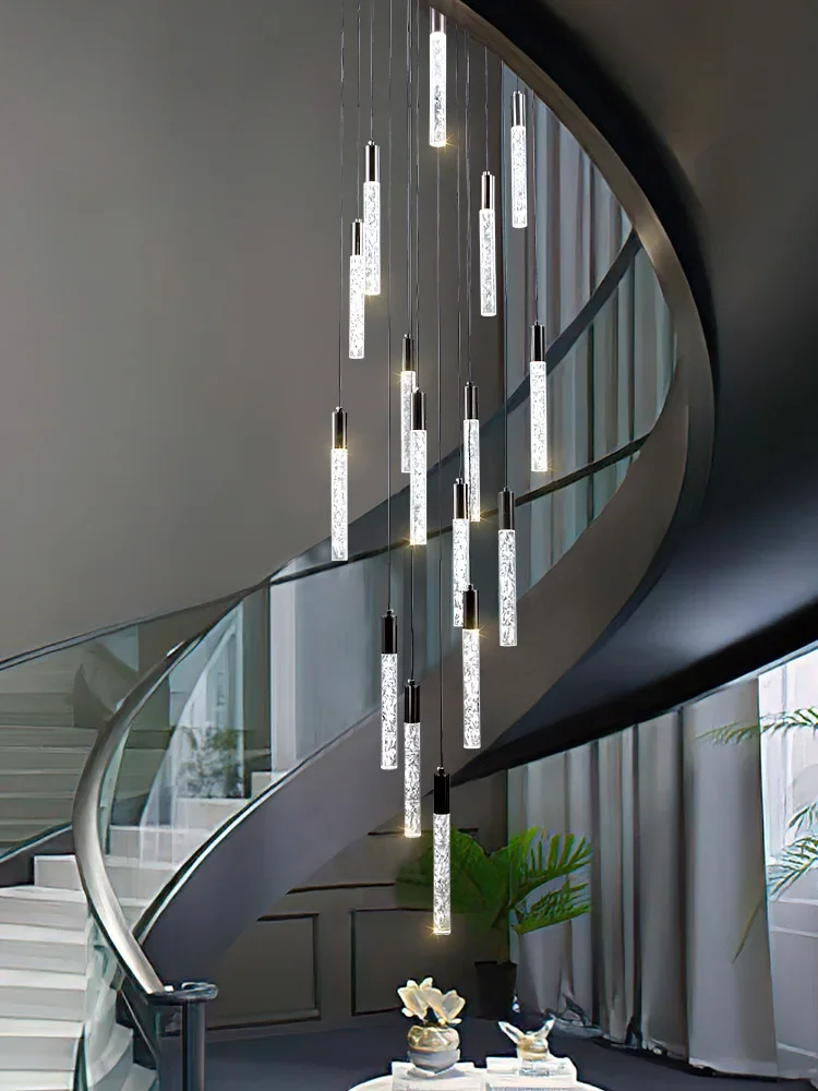 

Modern And Minimalist Staircase Chandelier Lighting Villa Living Room Duplex Attic Light Cylindrical Crystal StaircaseChandelier