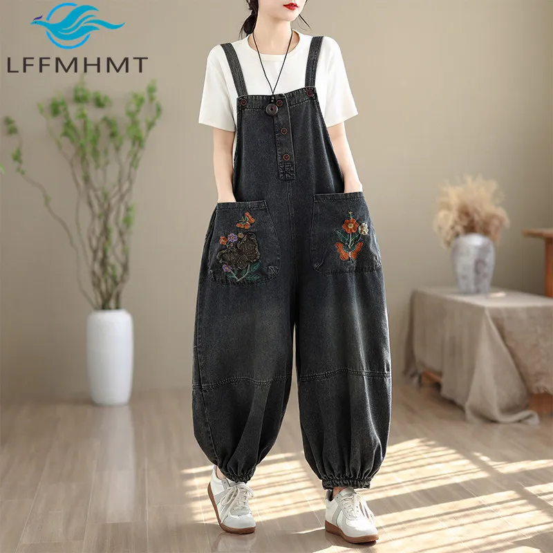 

Women Loose Casual Denim Overalls Spring Summer Fashion Flower Embroidery Large Size Loose Casual Hip Hop Ankle Length Jumsuits