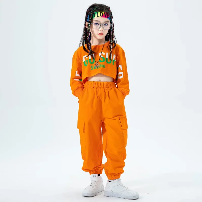 3-16 Years Kids Kpop Hip Hop Clothing Orange Crop Sweatshirt Joggers Pants Girls Jazz Dance Costume Children Streetwear Outfits
