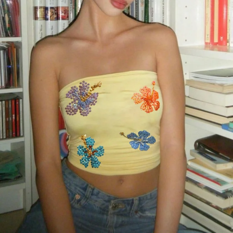 Womens Sequin Strapless Tube Top Y2k Sparkle Floral Sleeveless Backless Slim Fit Floral Top Off Shoulder Going Out Bandeau Tops