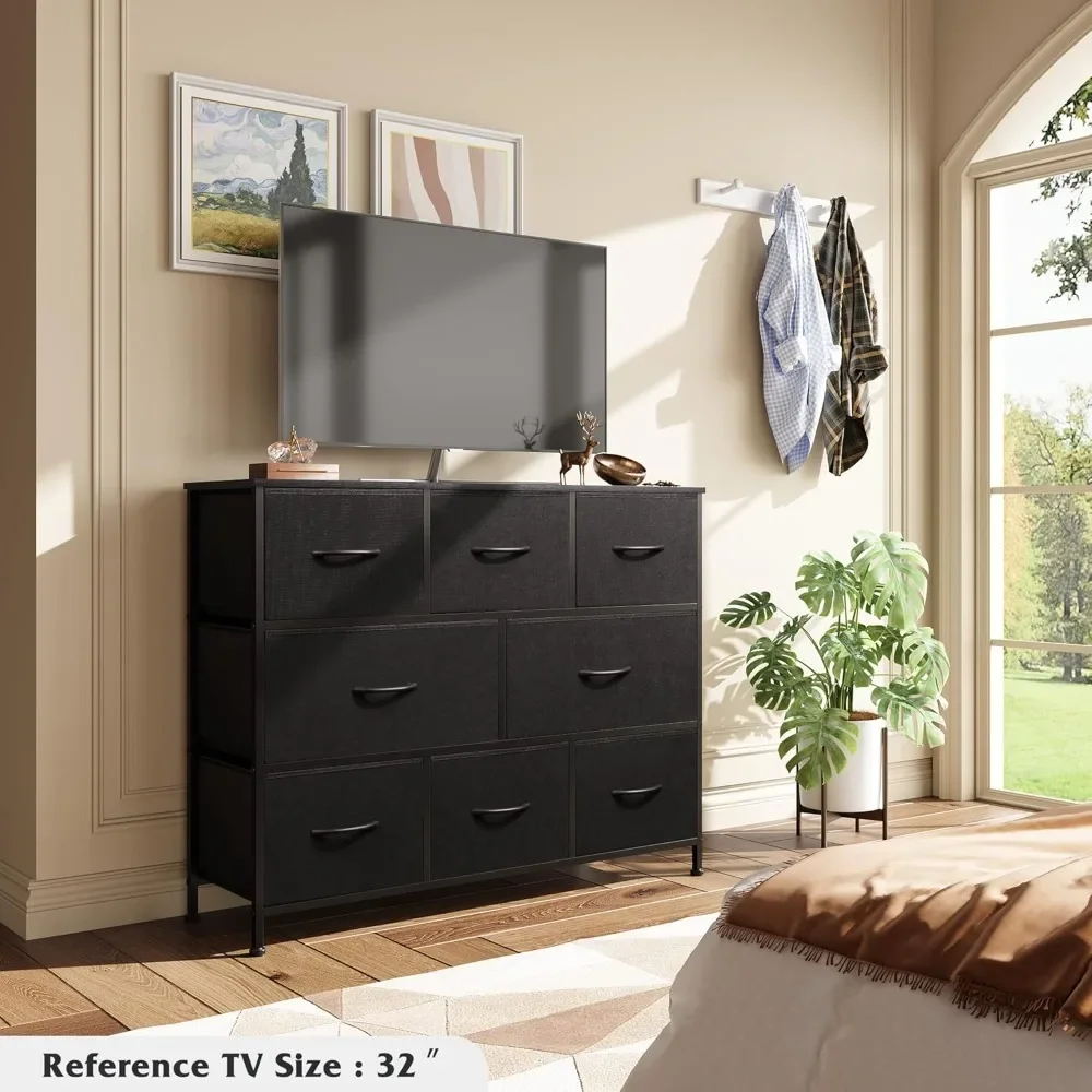 Fabric Dresser for Bedroom,Dresser TV Stand for 32 43 inch TV,Wide Dresser with 8 Large Deep Drawers for Office, Charcoal Black