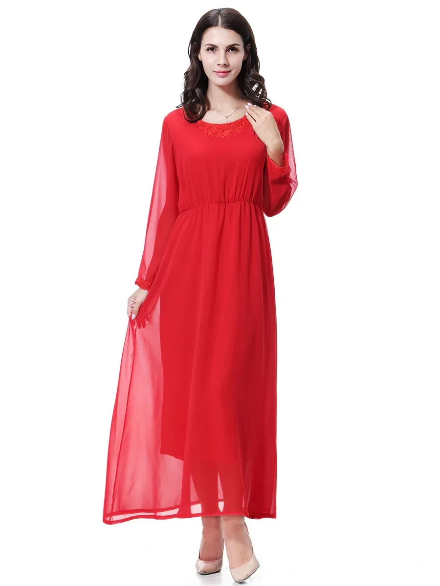 Robes modestes en mousseline de soie à col rond pour femmes – Robe longue fluide élégante à manches longues pour les musulmans, les voyages, la soirée et les occasions spéciales