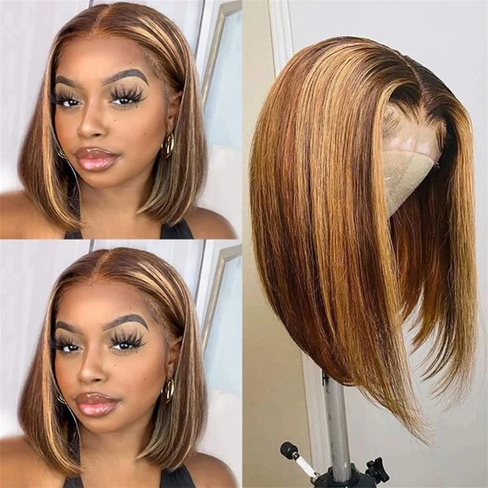 Ombre Highlight Wig Human Hair Bob Wig Short Bone Straight Bob Wig 13x4 Lace Frontal Human Hair Wigs Cheap Wig On Clearance Sale