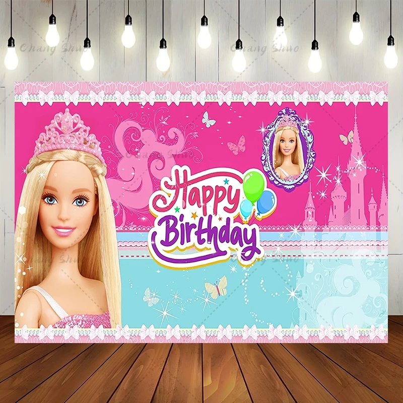 Barbie Pink Princess Backdrop Kids Girls 1st Birthday Party Background Wall Props Baby Shower Banner Poster Photo Studio Props