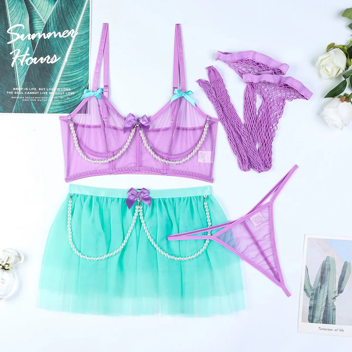 Sexy Lingеrie Set Pearl Chain Lace Beautiful Skirt Attractive Chest Underwear Suspenders G-String Intimate with Stocking Luxury
