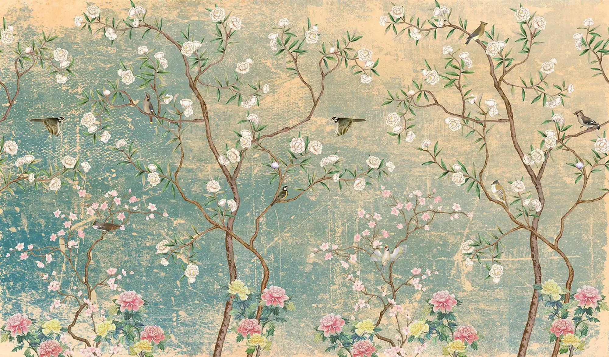 Vintage Chinoiserie Wallpaper with Watercolor handdrawn Birds and floral ancient Wallpaper, non-woven wallpaper