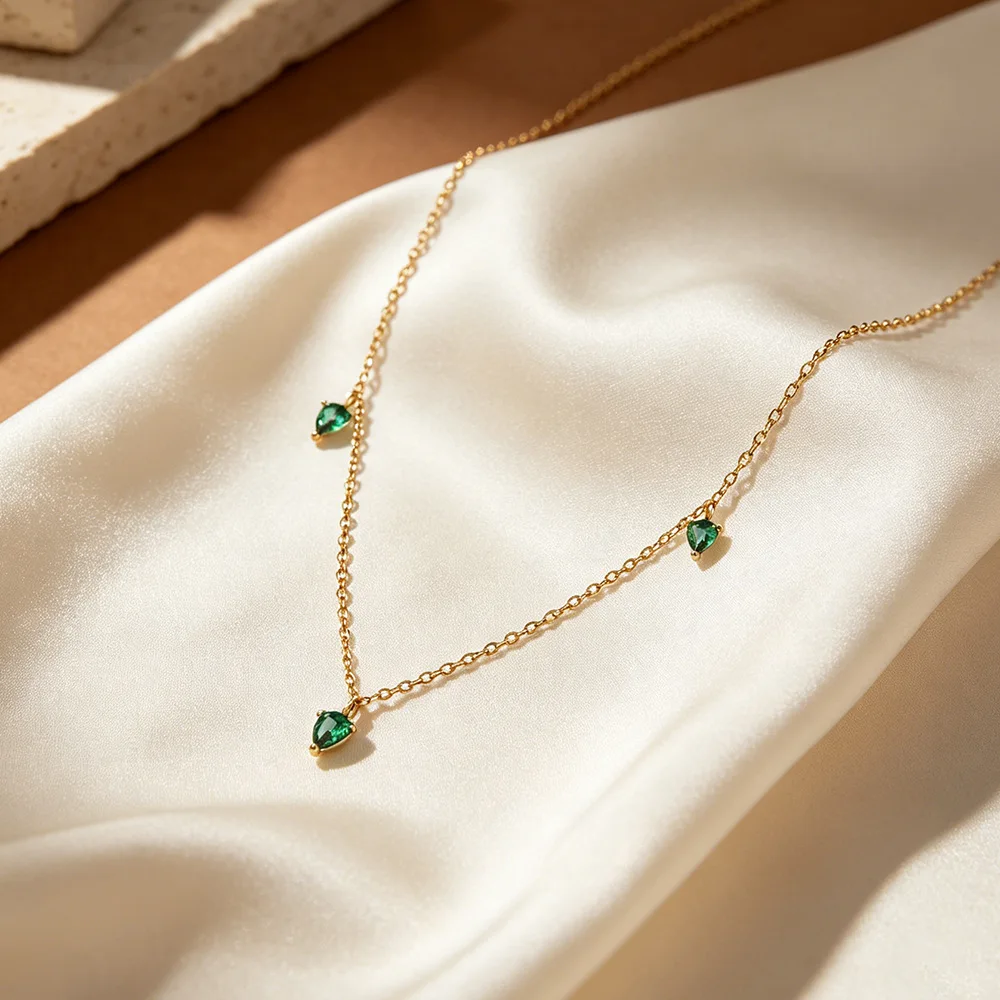 F.I.N.S 925 Sterling Silver Double-Layer Stackable Necklace Green Zircon Leaf Pendant Luxurious Clavicle Chains Fine Jewelry view 4