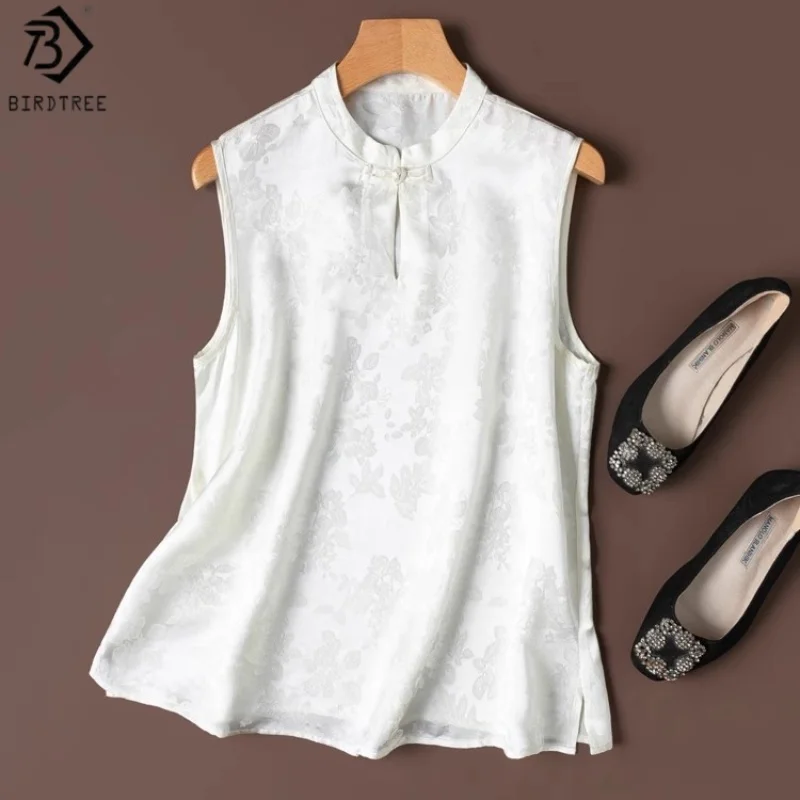 

Birdtree Women's 100% Mulberry Silk White Vest,Jacquard plain satin Stand Collar Sleeveless Straight Vest,2025 New StyleT56022JF