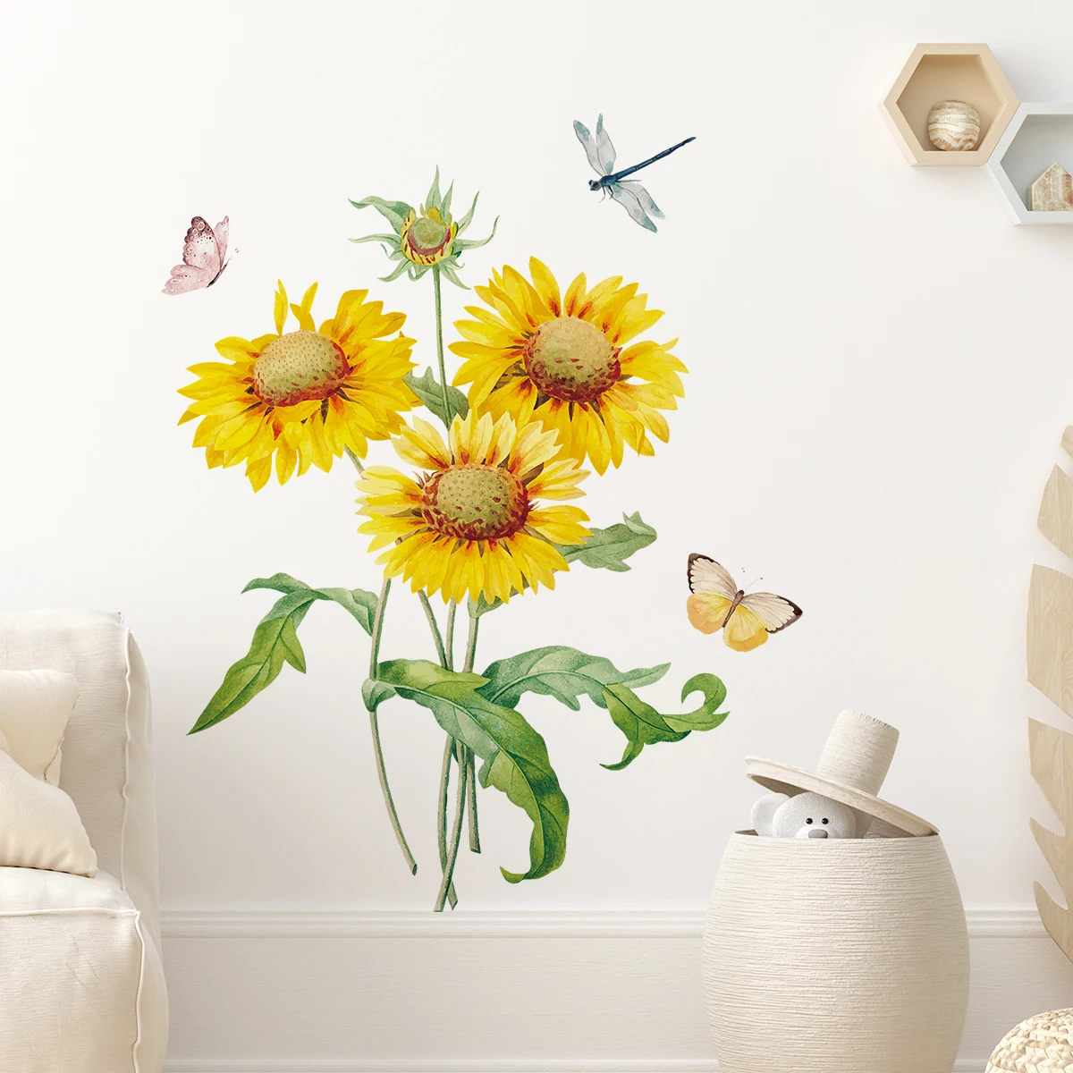 สีน้ําดอกทานตะวันที่มีสีสันผีเสื้อสติ๊กเกอร์ติดผนังสําหรับ Windows ห้องนั่งเล่นเด็กตกแต่งห้อง Wall Decals ตกแต่งห้องนอน