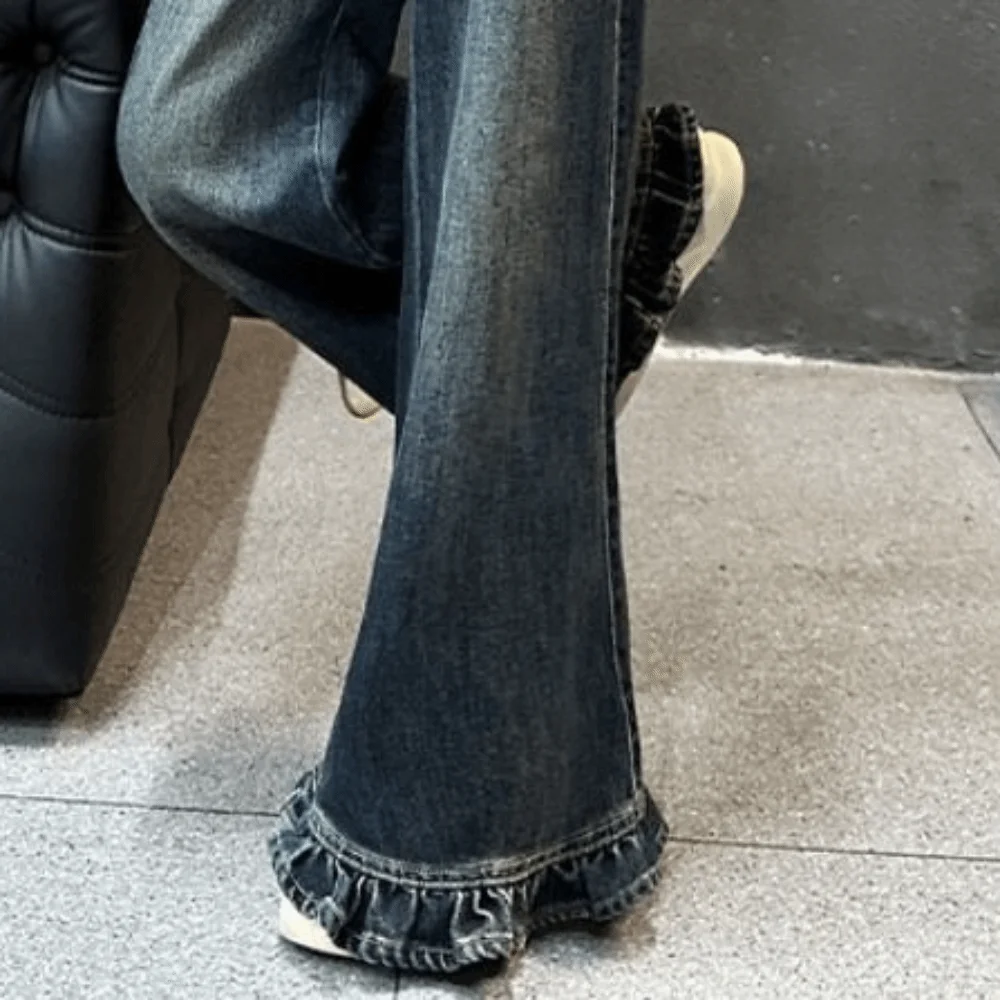 ワイドレッグパンツティーンガールジーンズストレートハイウエスト子供フリルジーンズストリートウェアロングルーズガールズデニムパンツ子供