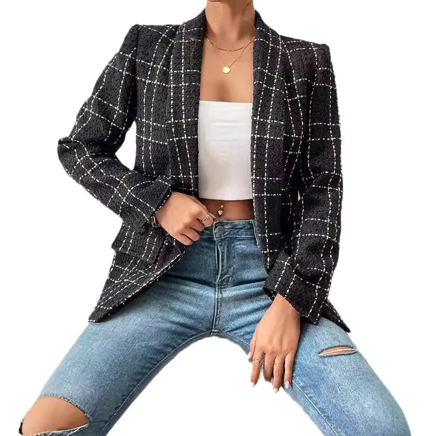 2025 Autumn New Lapel Long-sleeved Plaid Suit Plaid Fashionable Simple Commuter Jacket Blazer Mujer