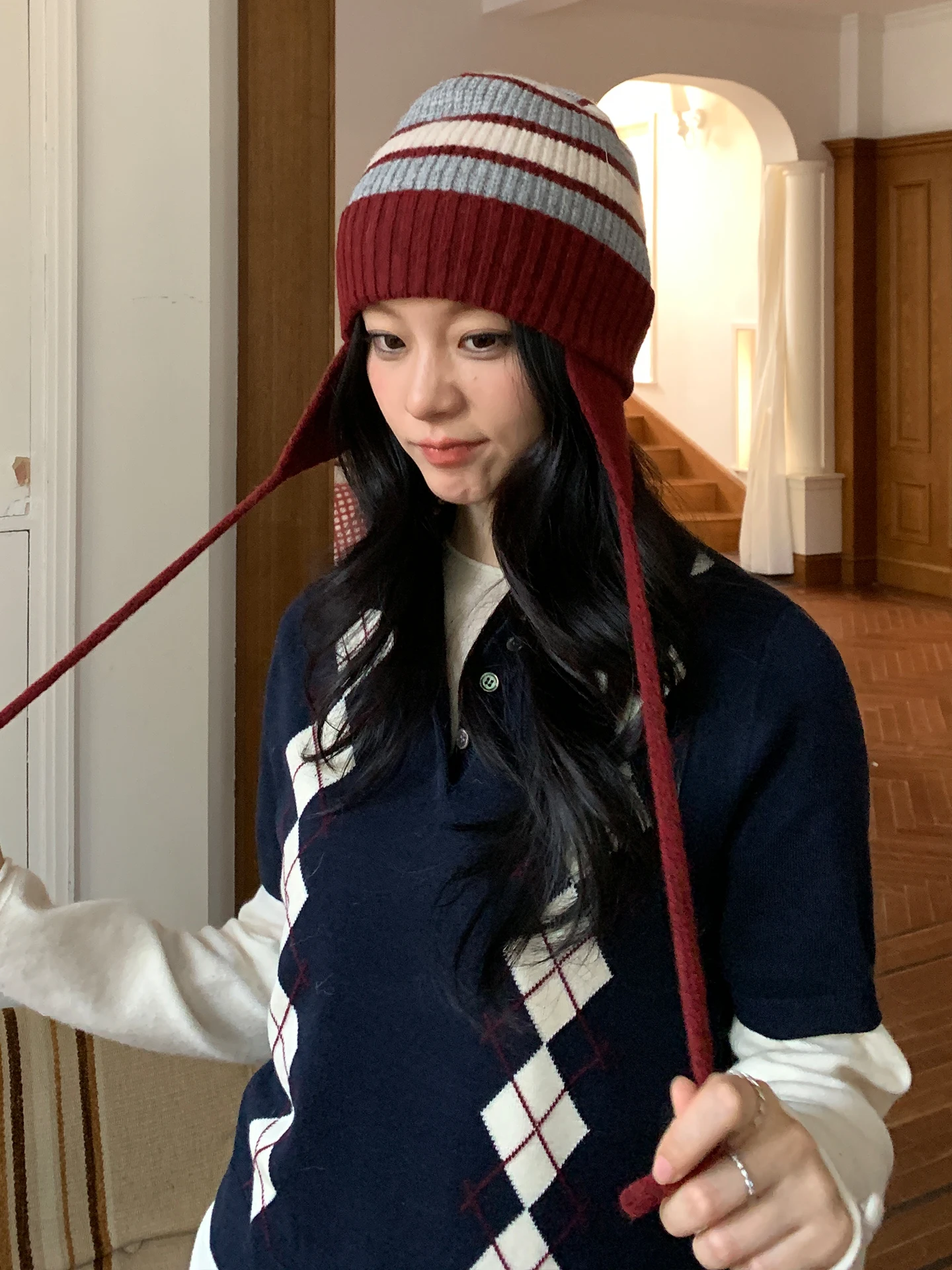 Retro Striped Long Braid Knitted Woolen Cap Women's Autumn Winter Style Warm Ear Protection Versatile Face Slimming