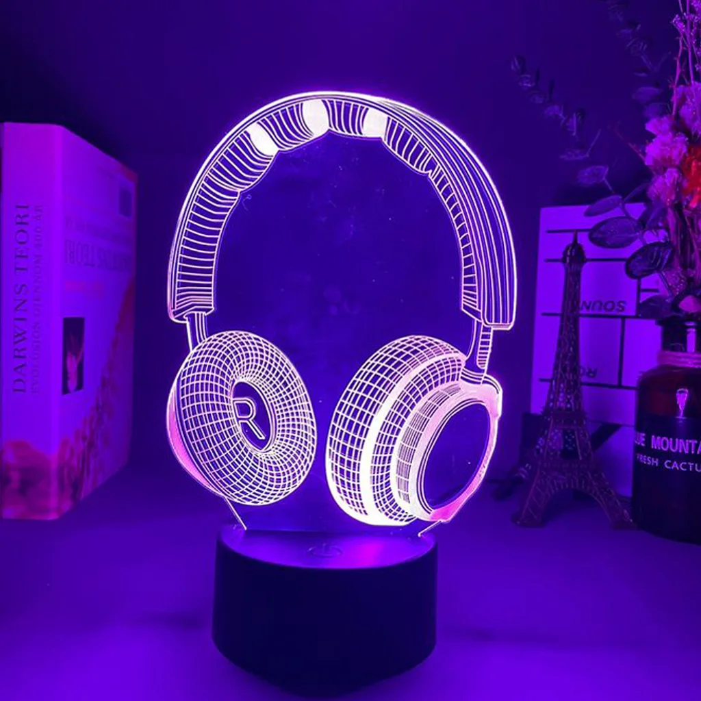 Headset Earphone 3D Lamp LED Acrylic Touch Night Light Gift for Friends Kawaii Bedroom Bedside Decor Game Setup 3D Illusion Lamp