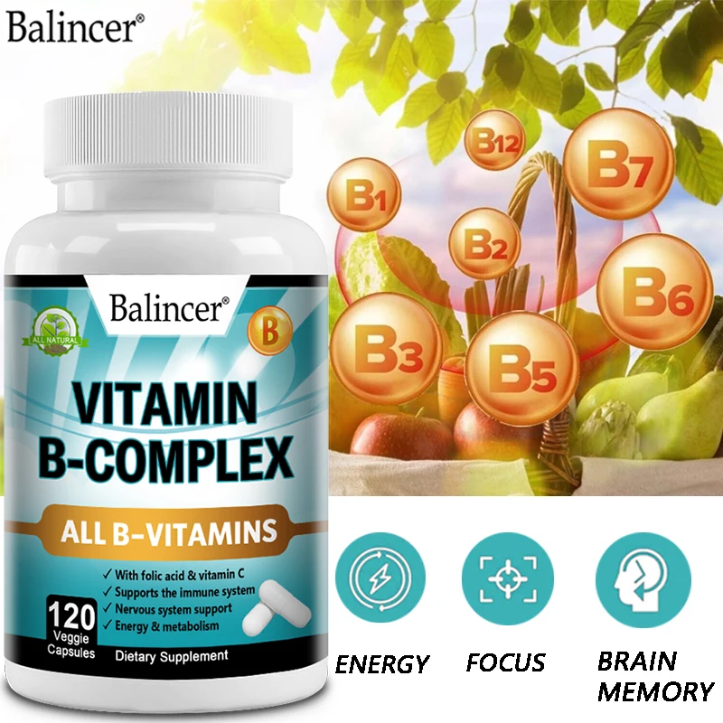 Vitamin B Complex Capsules, Vitamin B1, B2, B3, B5, B6, B8, B12, Immunity, Energy, Focus, Brain, Concentration, Nervous System