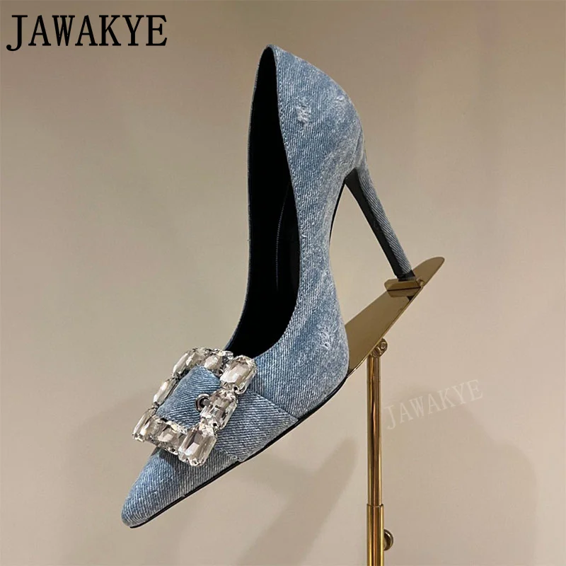 

Hot Brand Denim Shoes Formal Ladies High Heel Basic Pumps Crystal Buckle Strap Sexy Pointed Toe Stilettos Lux Shoes Women