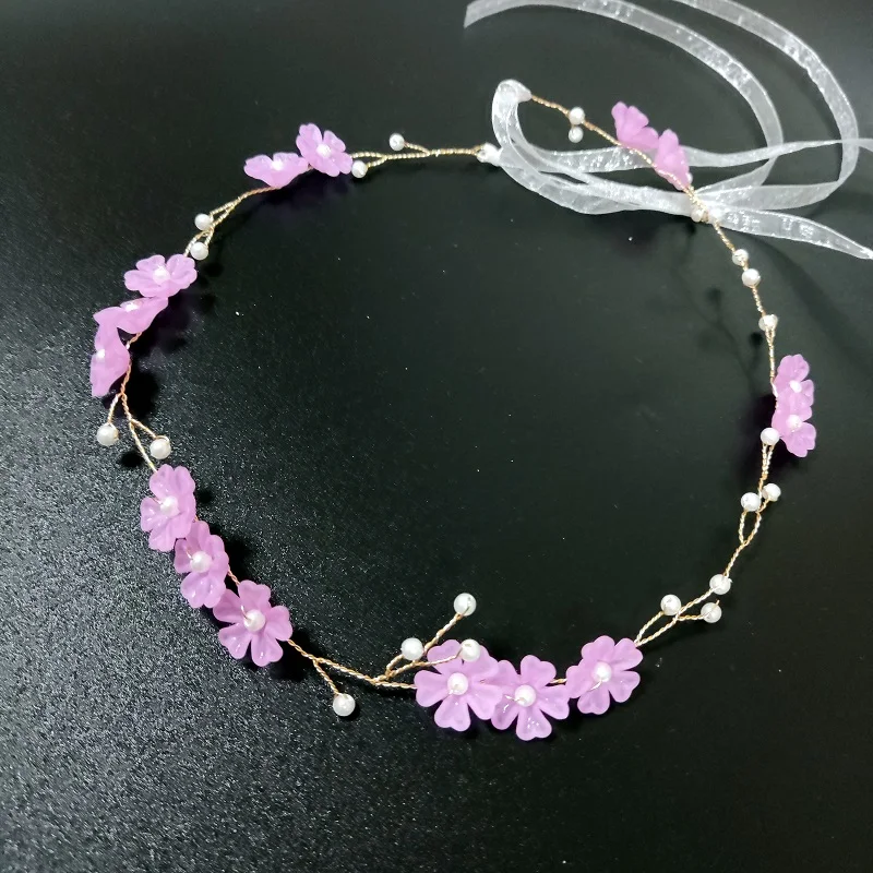 

Bridal Wedding Headband Headpieces Light Purple Flower Pearl Hair Headdress Flower Wreath Bride Garland Head Hoop Hair Jewelry