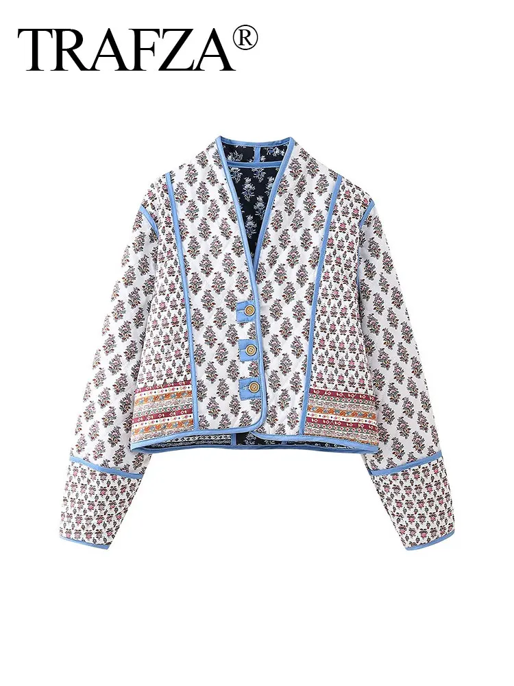 TRAFZA 2024 Female Autumn Fashion Reversible Cotton Jacket Long Sleeves V-neck Printed Quilted Patchwork Causal Chic Coats