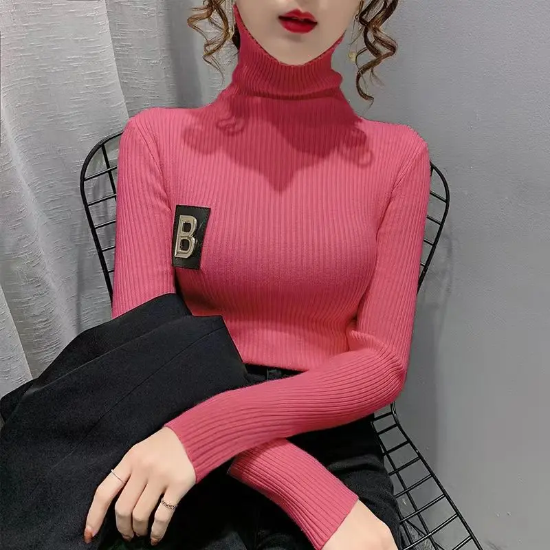 Women Korean Fashion Appliques Turtleneck Elegant Basic Knitwear 2023 Autumn Winter Solid Long Sleeve Slim Pullover Tops Jumpers