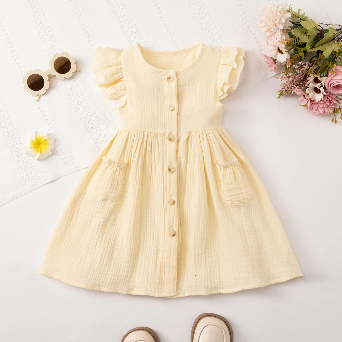Somenie Baby Girls Thin Cotton Summer Dress,  Breasted Sleeveless Sundress with Delicate Ruffle Edge Casual Kids Daily Outfit