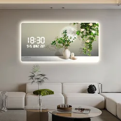 Simple Green Plant Digital Electronic Clock Living Room Decoration Painting Plug-in Digital Display Screen Light Wall Clock