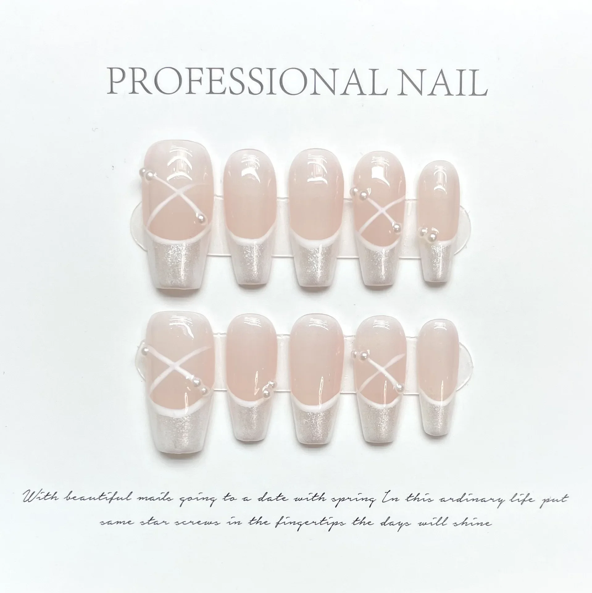 10Pcs White Edge French Med-Length Ballet Press on Fake Nails Satin Beaded Design with 3D Bow Nails Art Full Cover Manicure Tips