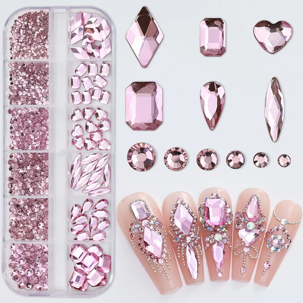 1 boîte (12 grilles) de cristal de verre rose AB, pierre de biscuits, breloque 3D de forme mixte, diamant plat, décoration de luxe pour nail art