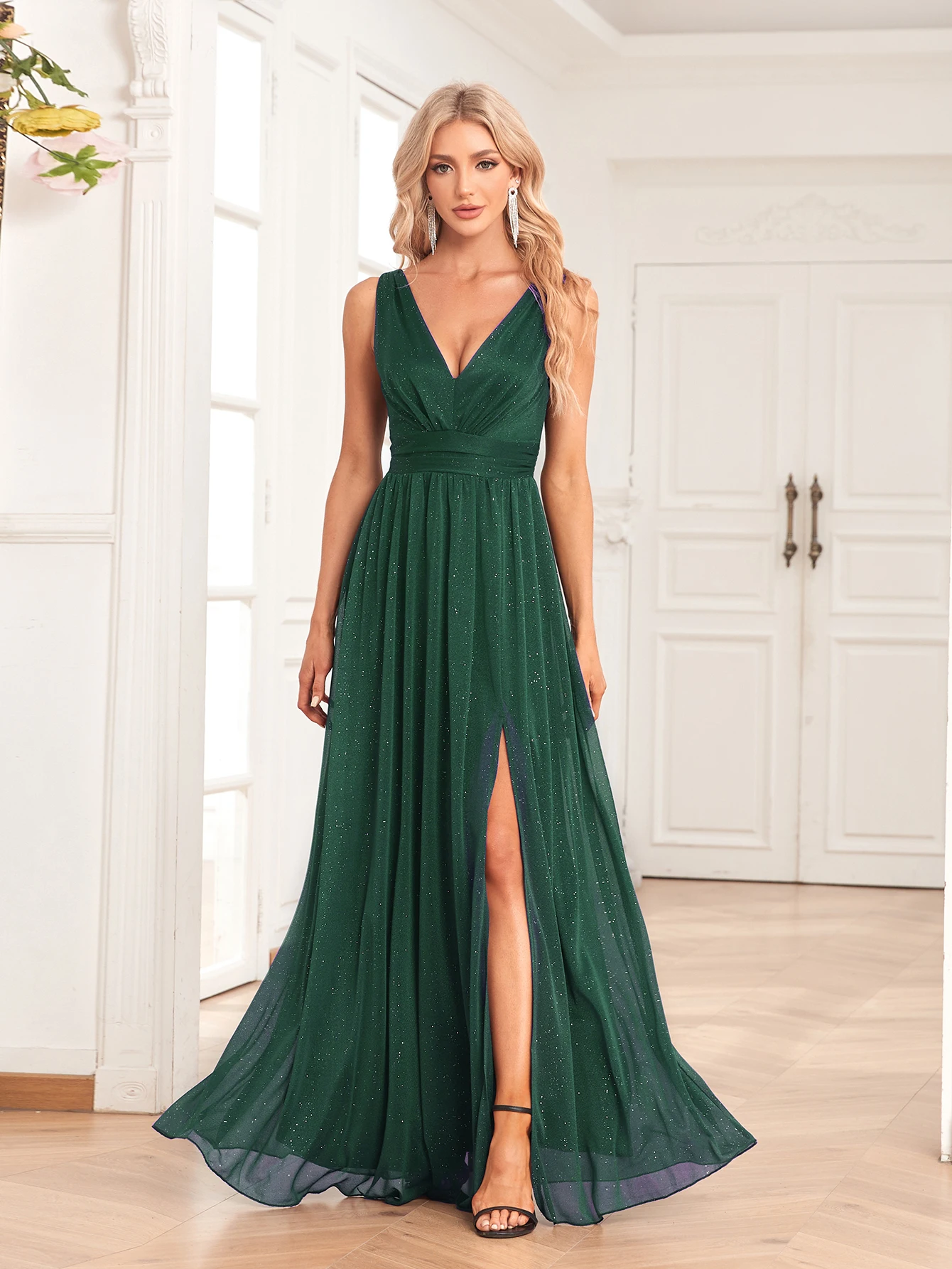 Women Sparkling Chiffon Sleeve Evening Dresses Side Slit Long Birthday Dress Double V-Neck A-Line Bridesmaid Dress