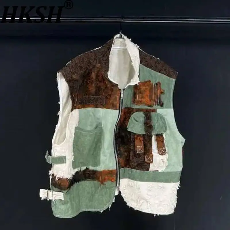 HKSH Summer New Original Design Patchwork Rough Edge Denim Vest Men's Tide Dark Punk Zipper Waistcoat Chic Trend Tank Top HK1730