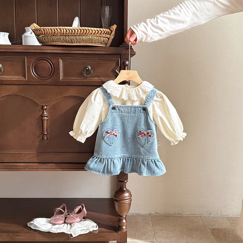 

Baby clothes spring outfit for girls, new denim suspender skirt set for one-year-old baby girls, two-piece set for spring and au