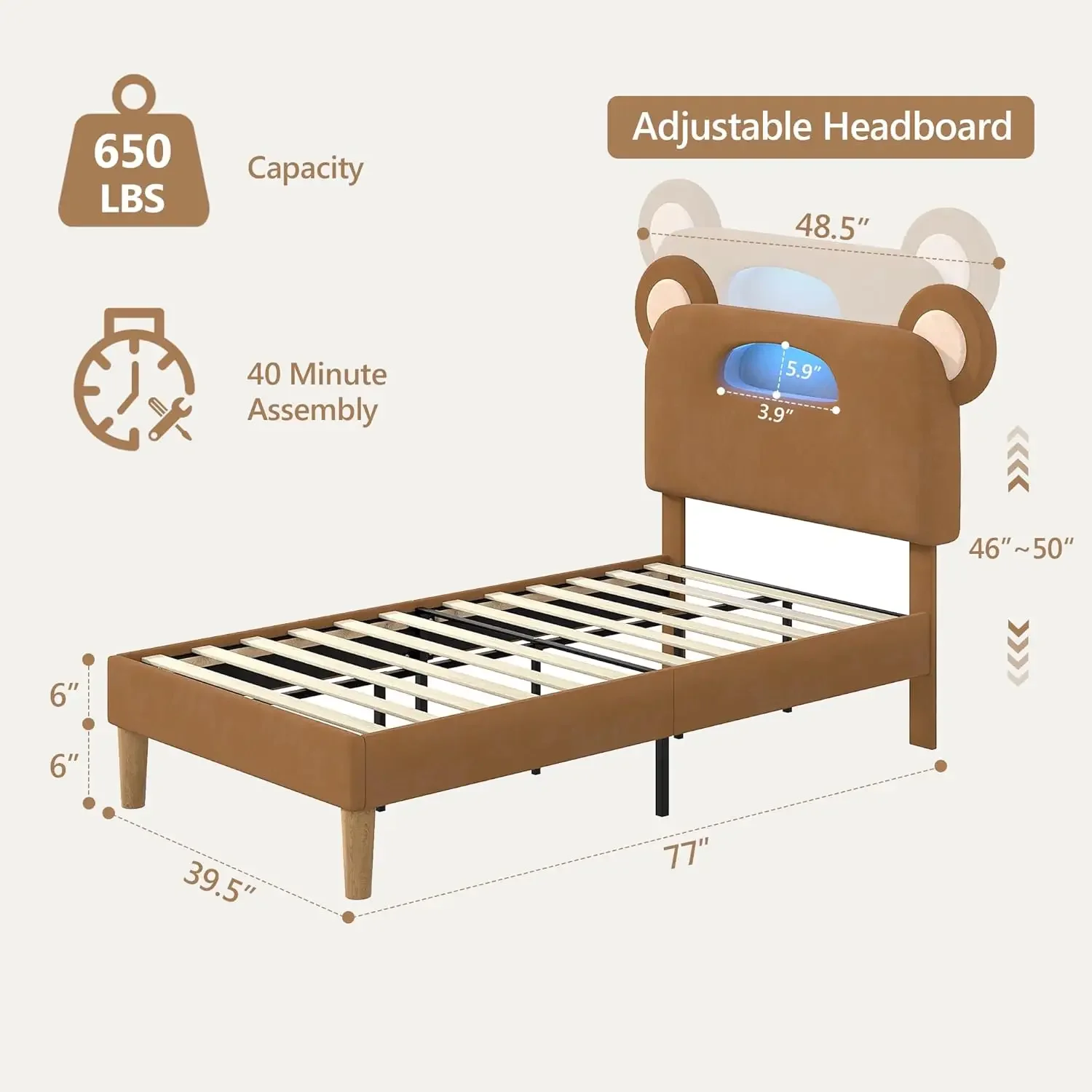 Frame with LED Light, Upholstered Platform Bedframe with Bear Adjustable Headboard, Strong Wooden Slat Support, No Box Spring Ne