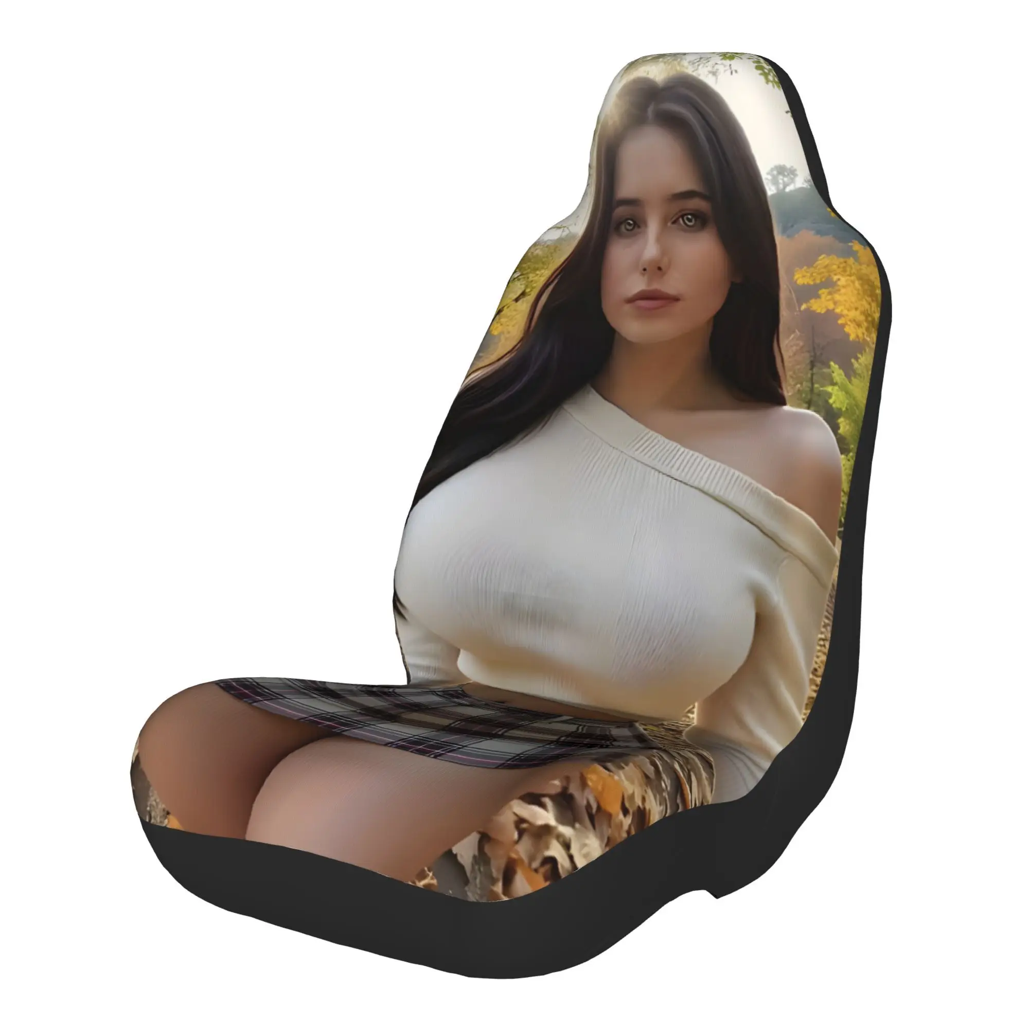 2pcs A Stunning Woman In An Off-shoulder Cream Sweater And Plaid Mini Skirt Standing In An Autumn Forest.Car Seat Covers, Suitab