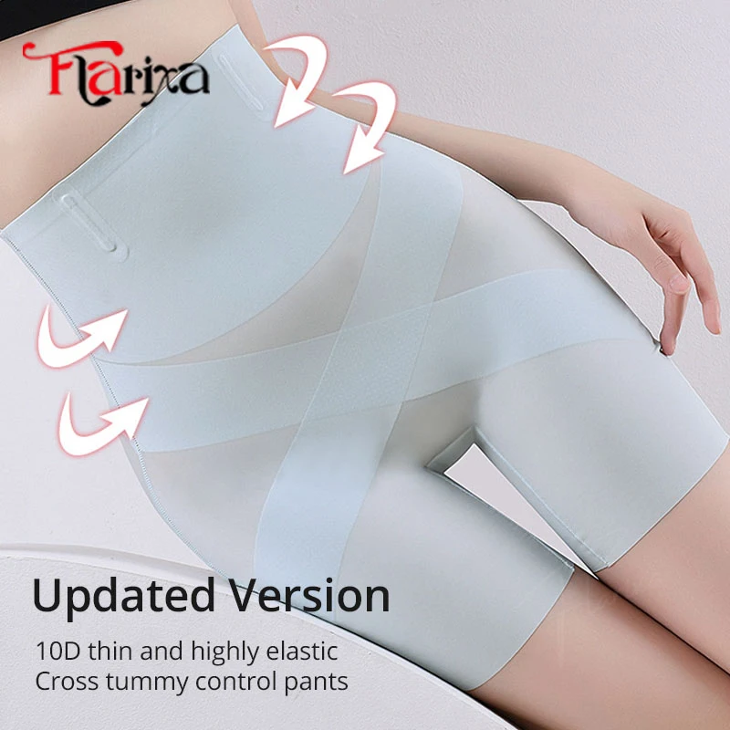 Flarixa Ultra Thin Ice Silk Shapewear High Waist Belly Slimming Panties Women Cross Safety Shorts Postpartum Slimming Underwear