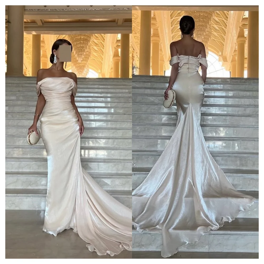 

Customized Elegant White Satin Evening Dress Modern Boat Neck Off the Shoulder Sleeveless Party Dress Classic Celebrity Gowns