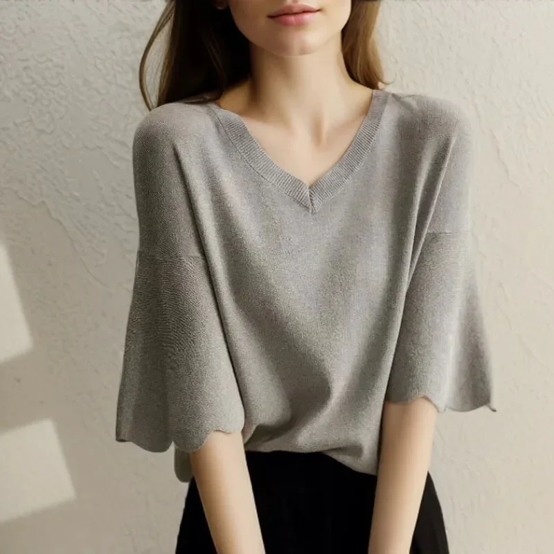 New Women\'s Summer Casual Knitting Shirt Short Sleeve V-neck Woman Tops Loose Ice Silk Women Blouse Gray Lady Clothes 14799