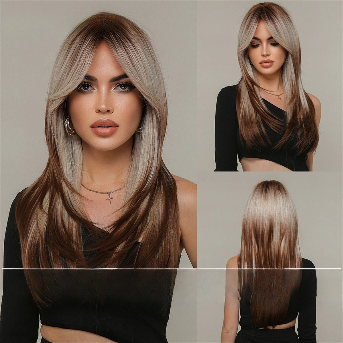 

European and American new natural wig women, medium eight-character bangs gradual change dye brown long straight hair full head