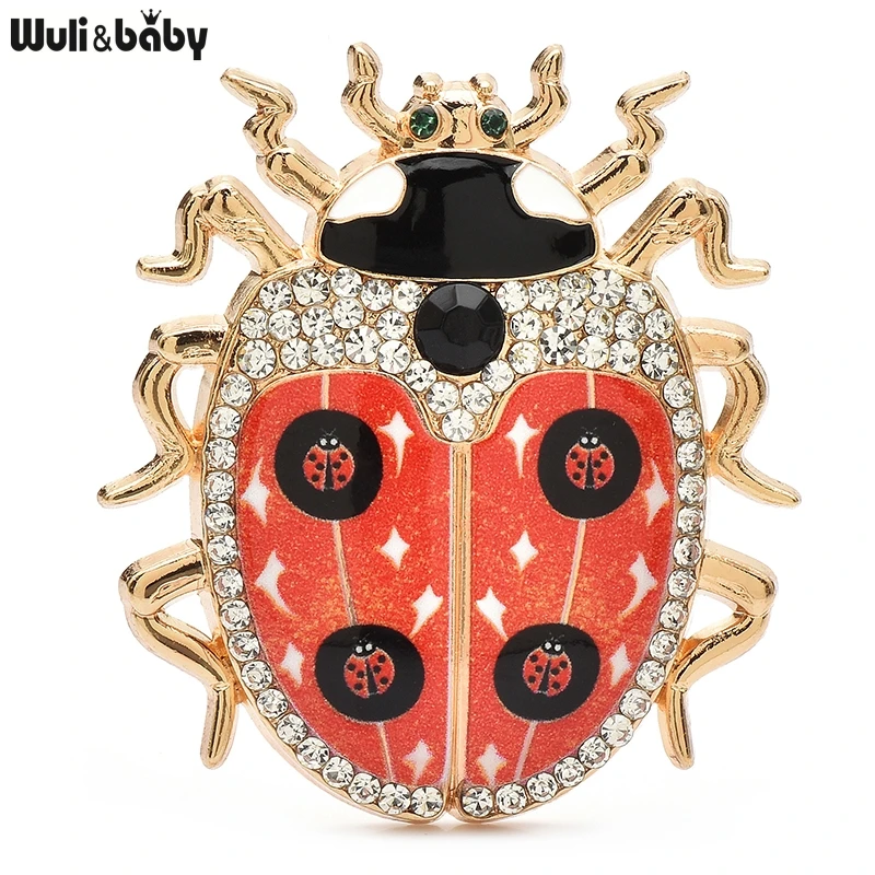 Wuli&baby Lovely Rhinestone Ladybug Brooches For Women Men 3-color Winter Enamel Beetle Insects Party Casual Brooch Pins Gifts