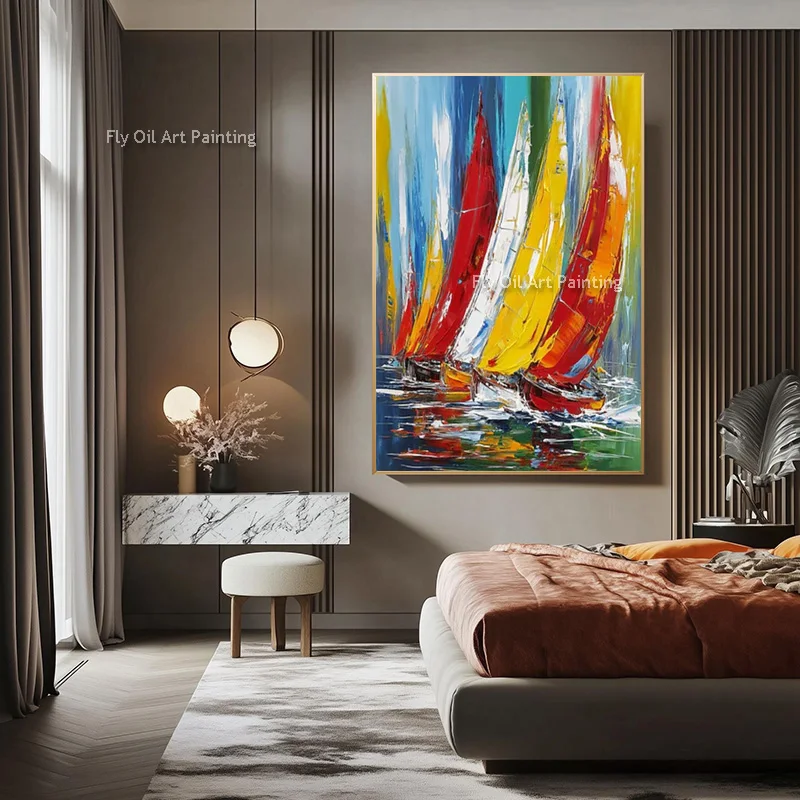 Original Hand Painted Abstract Sailboat Canvas Art Vibrant Color Seascape Textured Oil Painting Home Wall Decoration Artwork