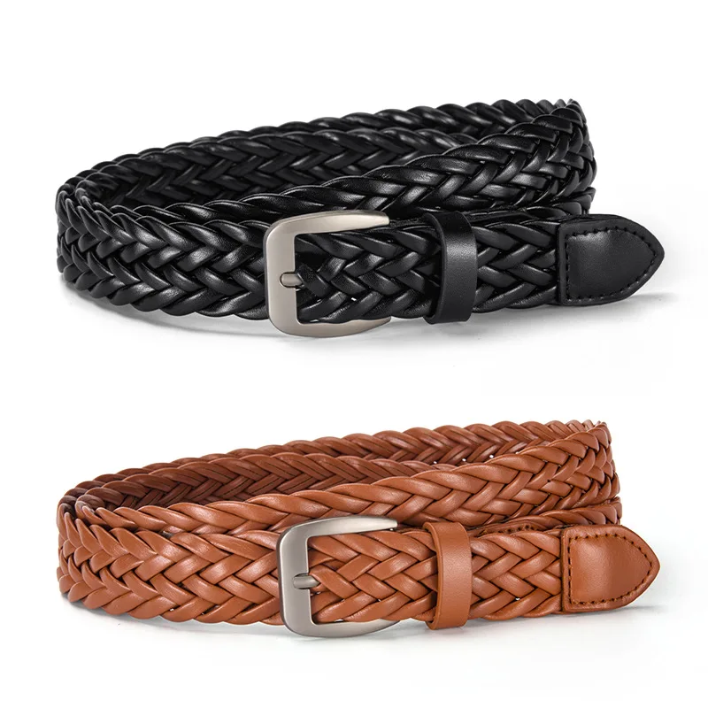 2PCS Zhejiang PU Women Belt Woven Alloy Buckle Head Casual Pants Dress Simple All Match Fashion Decoration Cross Cheap Wholesale