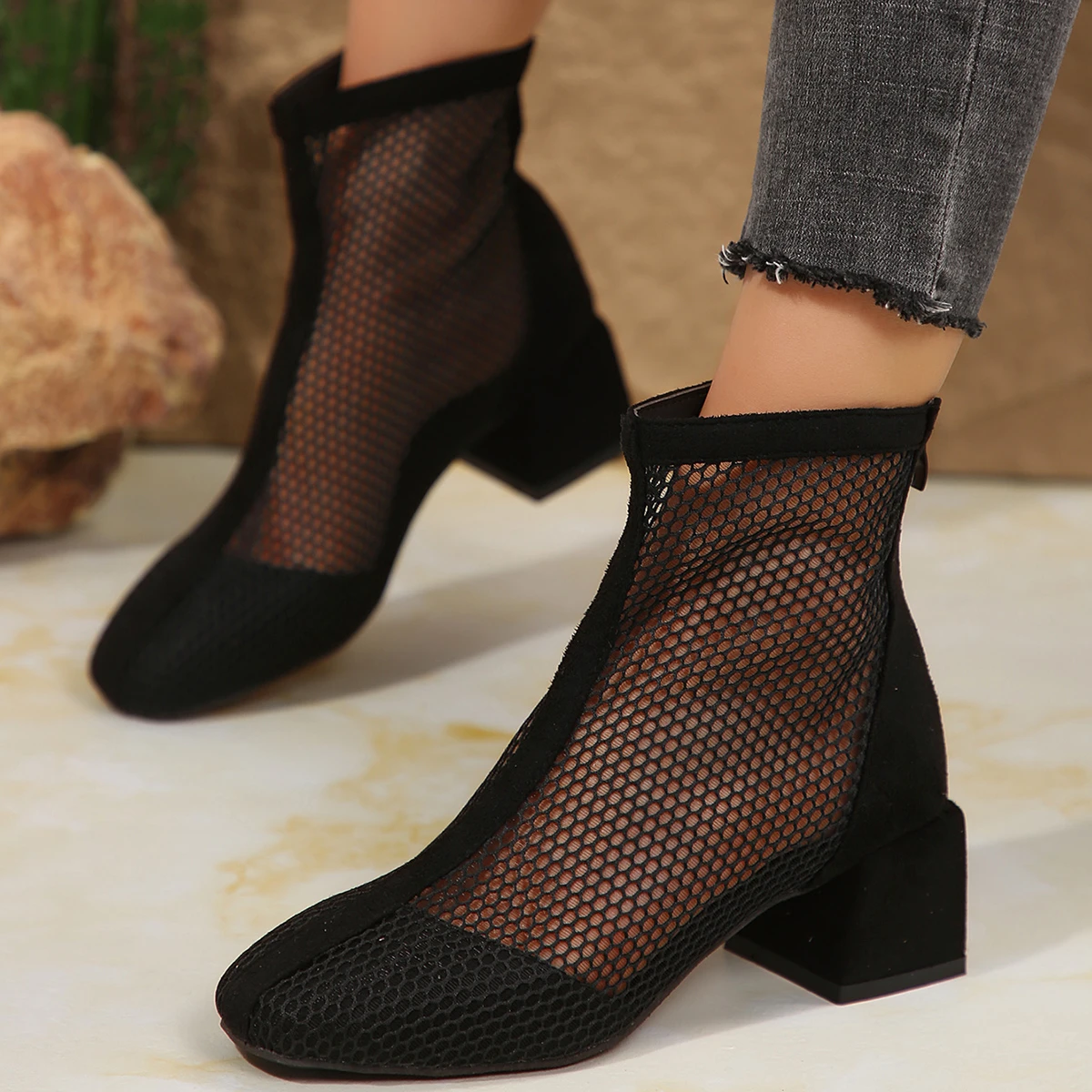 2024 New Spring/Summer Fashion Casual Shoes Zipper Mesh Hollow Breathable Single Shoe Pointed Square Heels Women\'s High Heels