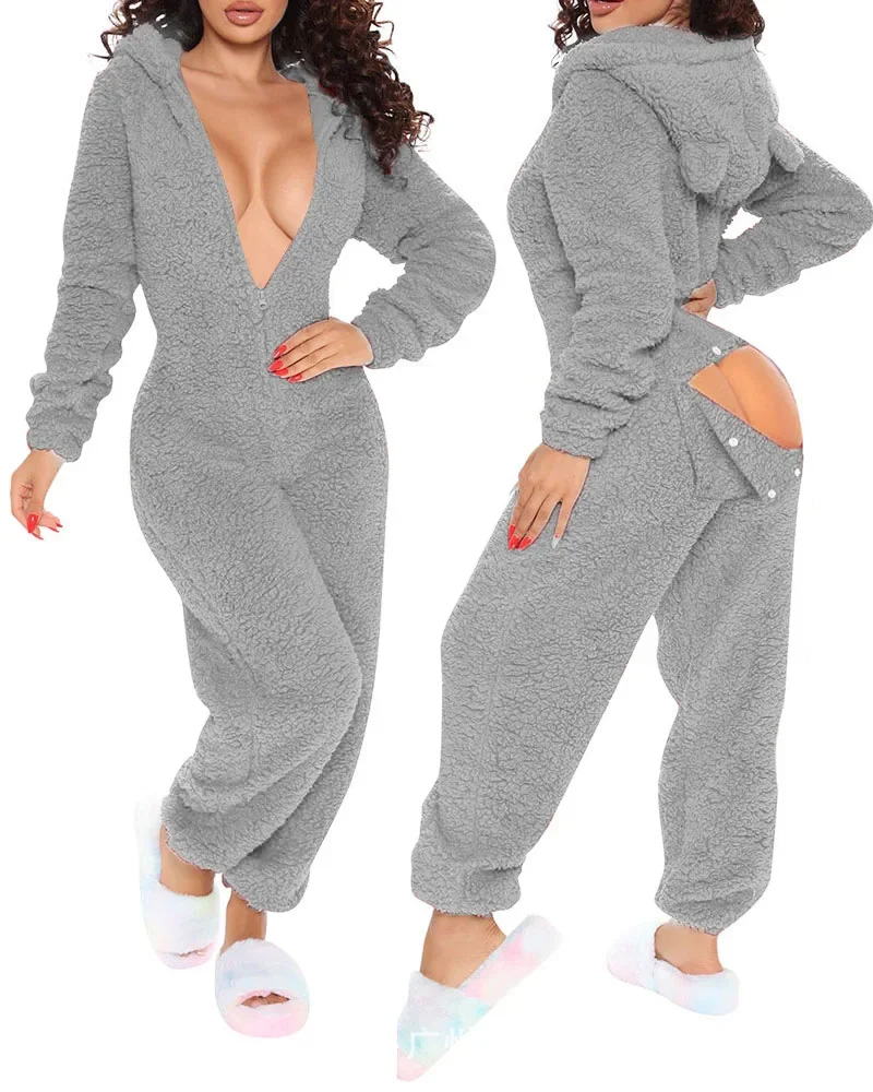 3D Ear Buttoned Jumpsuit Hooded Home Wear Pajama High Waist Flap Functional Fluffy Lounge Jumpsuits Overalls Solid Color