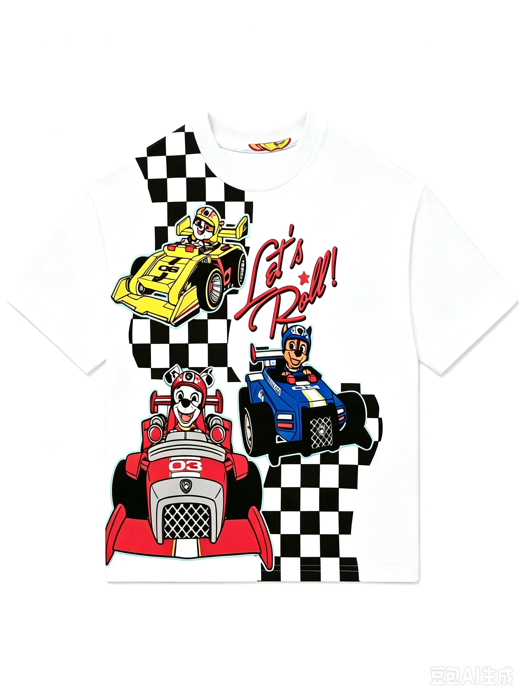 Cartoon Paw Patrol Boys T‑shirt Chase Marshall Rubble Race Car Checkerboard Print Short Sleeve O‑neck Kids Casual Summer Tops