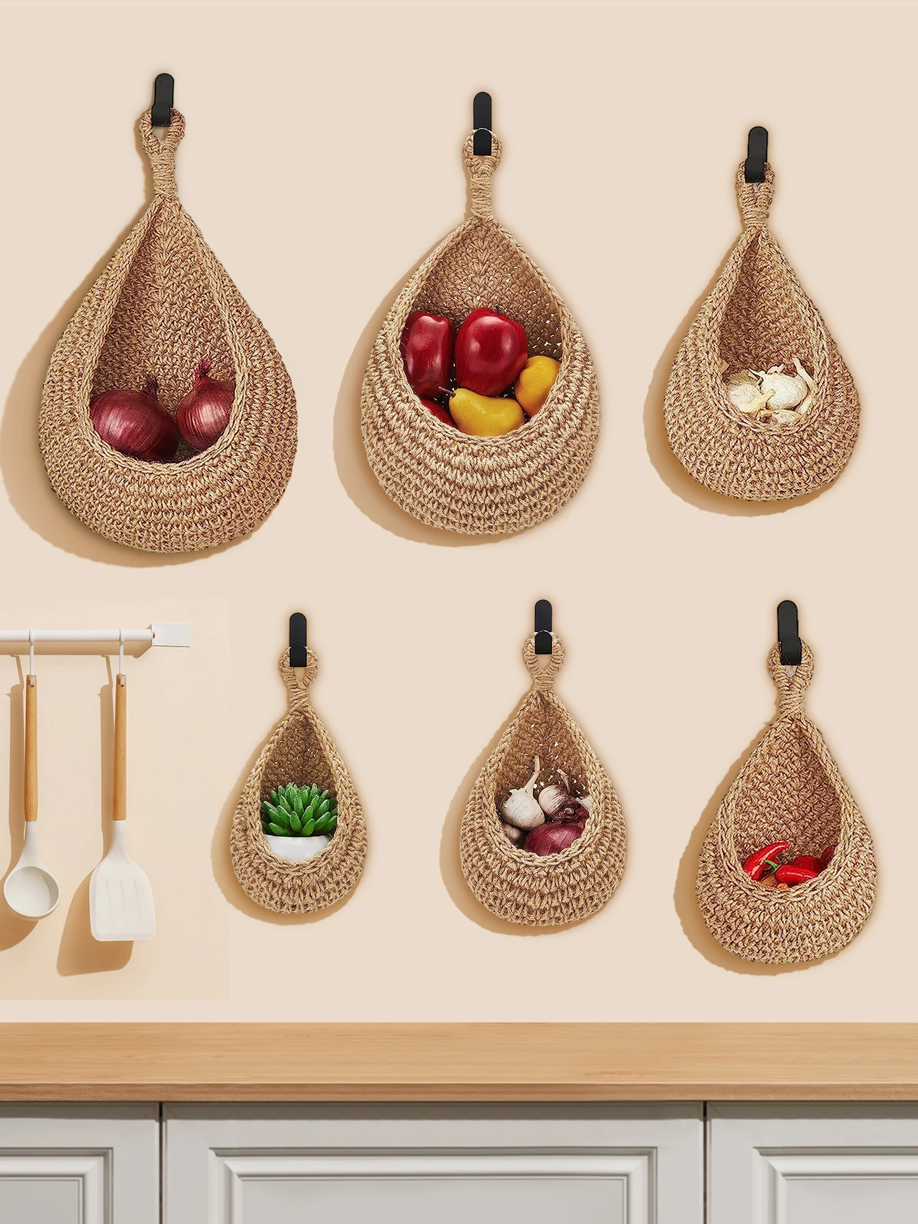 Bohe Woven Basket, Creative Teardrop Hanging Baskets, Wall Hanging Fruit Storage Basket, Storage Bag For Kitchen Home Decor