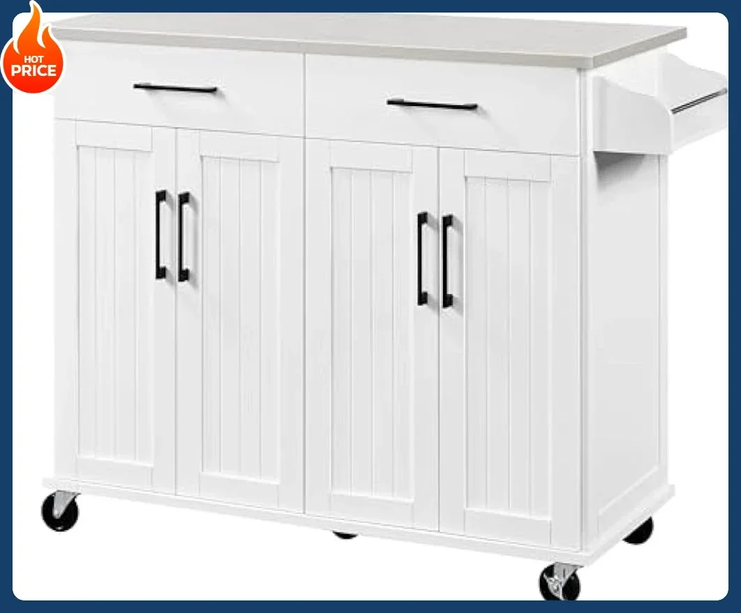 [Best Seller!]Kitchen Island Cart with Storage & Stainless Steel Countertop, Portable Kitchen Island on Wheels with Cabinet & Ad