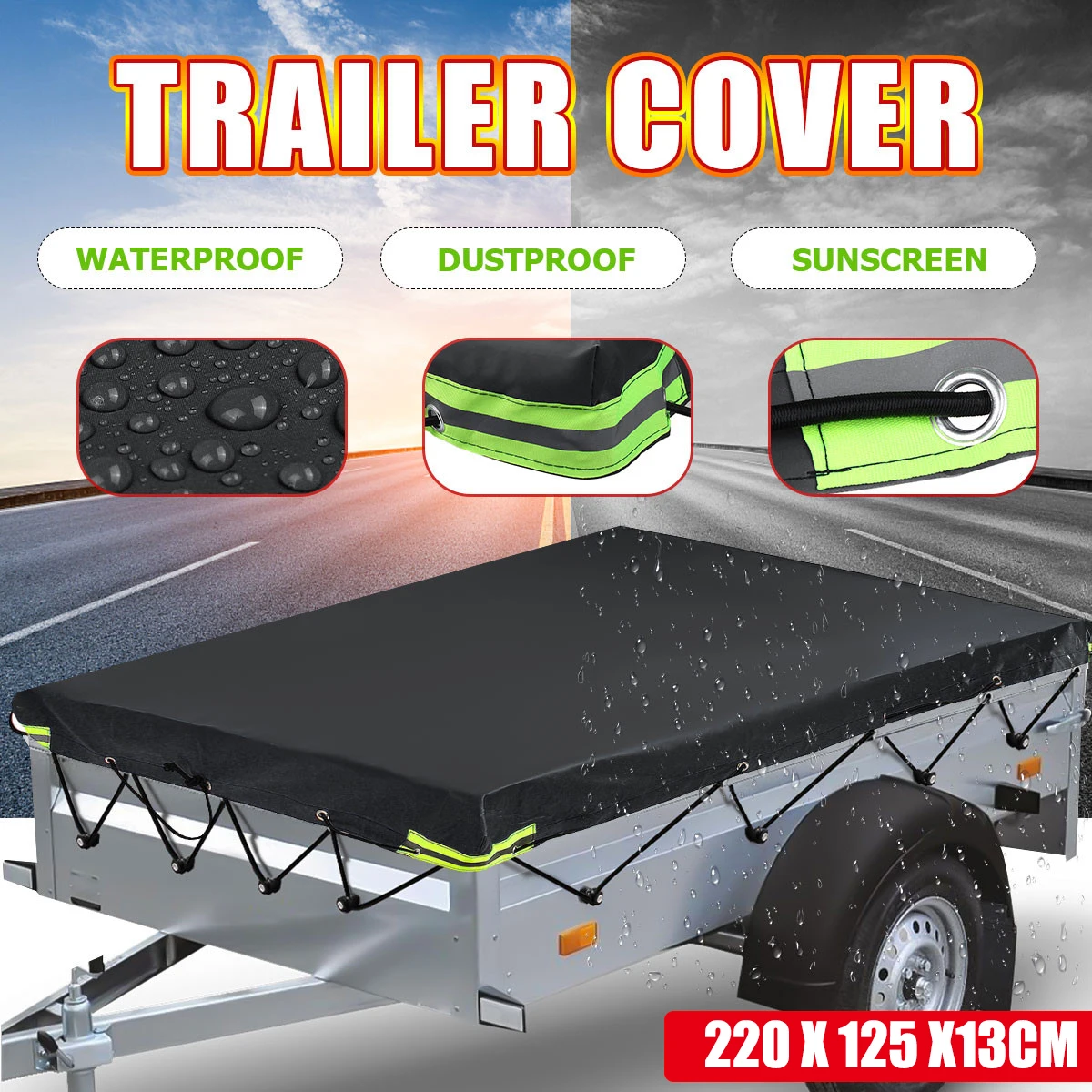 220x125x13cm Foldable Trailer Car Cover Waterproof Windproof Dust Protector With Rubber Belt